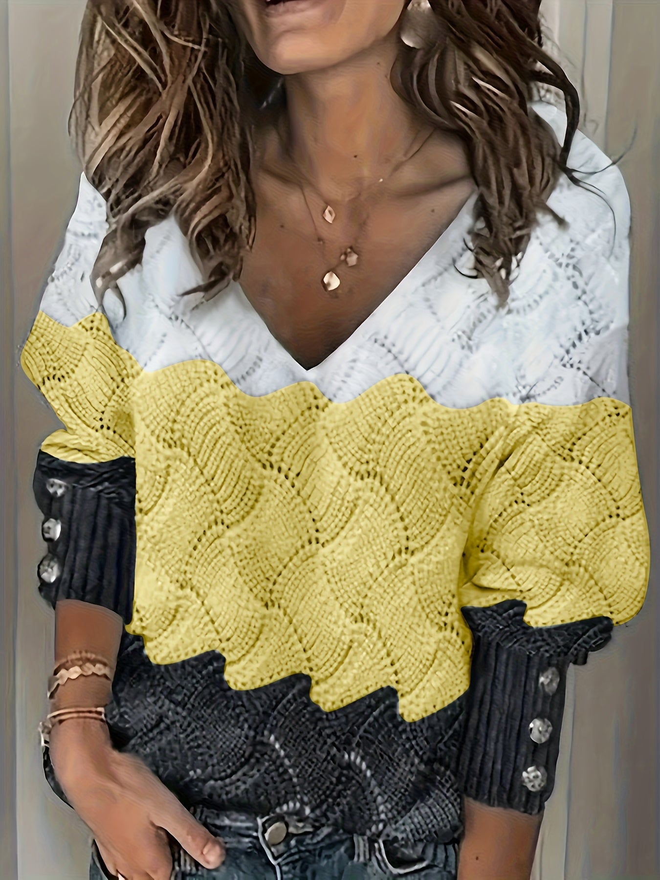 Color Block V-Neck Elegant Pullover