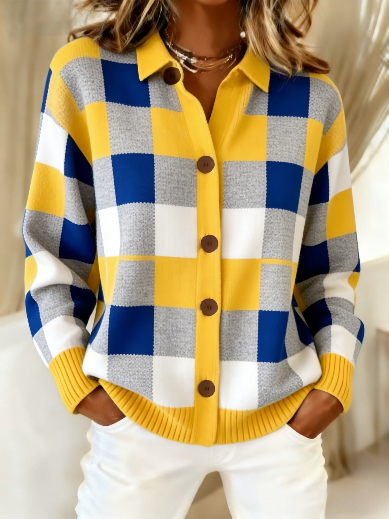 Yellow Blue Plaid Button-Up Cardigan