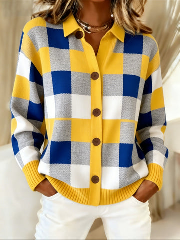 Yellow Blue Plaid Button-Up Cardigan