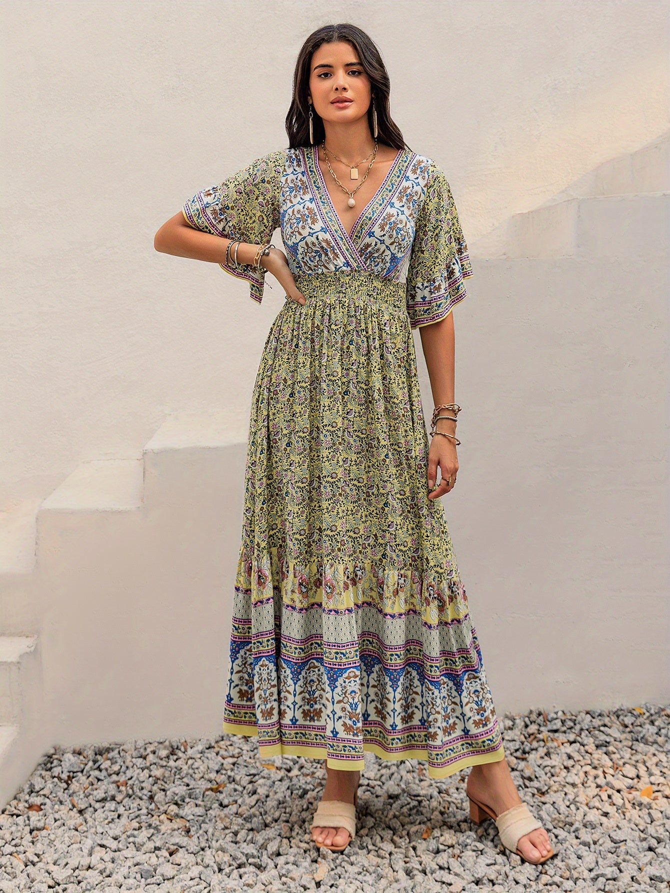 Rustic Floral V-Neck Maxi Dress