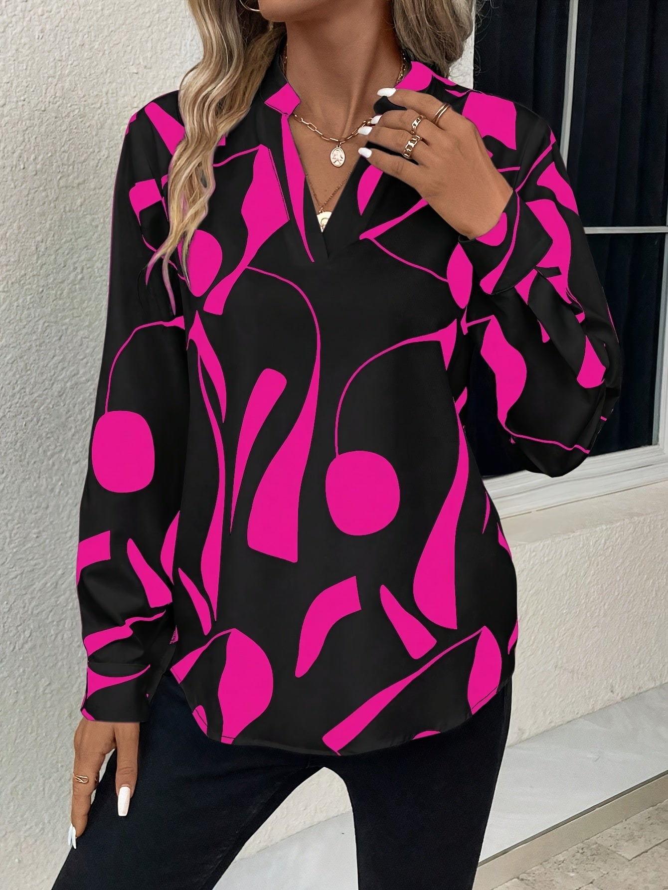 Geometric Print Long Sleeve Blouse