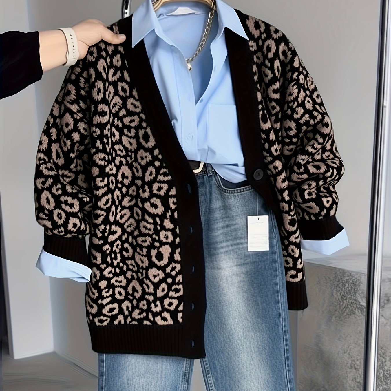 Vintage Leopard Jacquard Open-Front Cardigan Coat