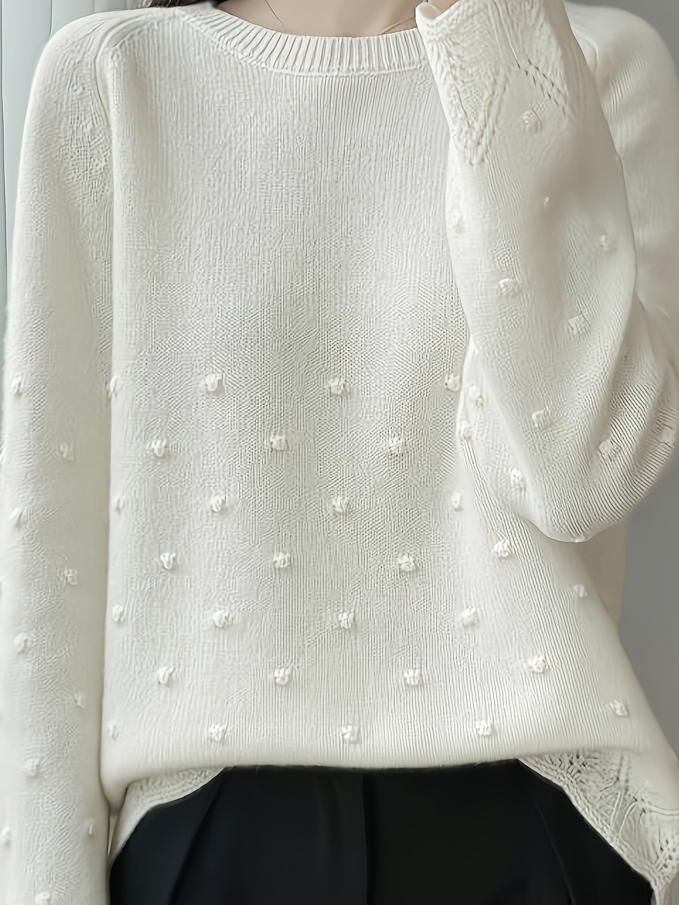 Women' Spring/Autumn Polka Dot Sweater - Loose-Fit Thin Layering Top Suitable for Women, Round Neck Blouses for Blouses, Machine-Washable Spring/Fall Wear
