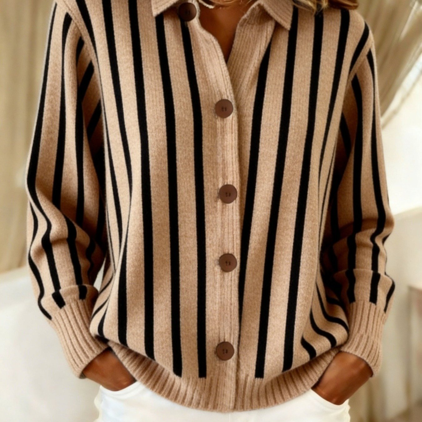 Striped Lapel Button Knit Cardigan