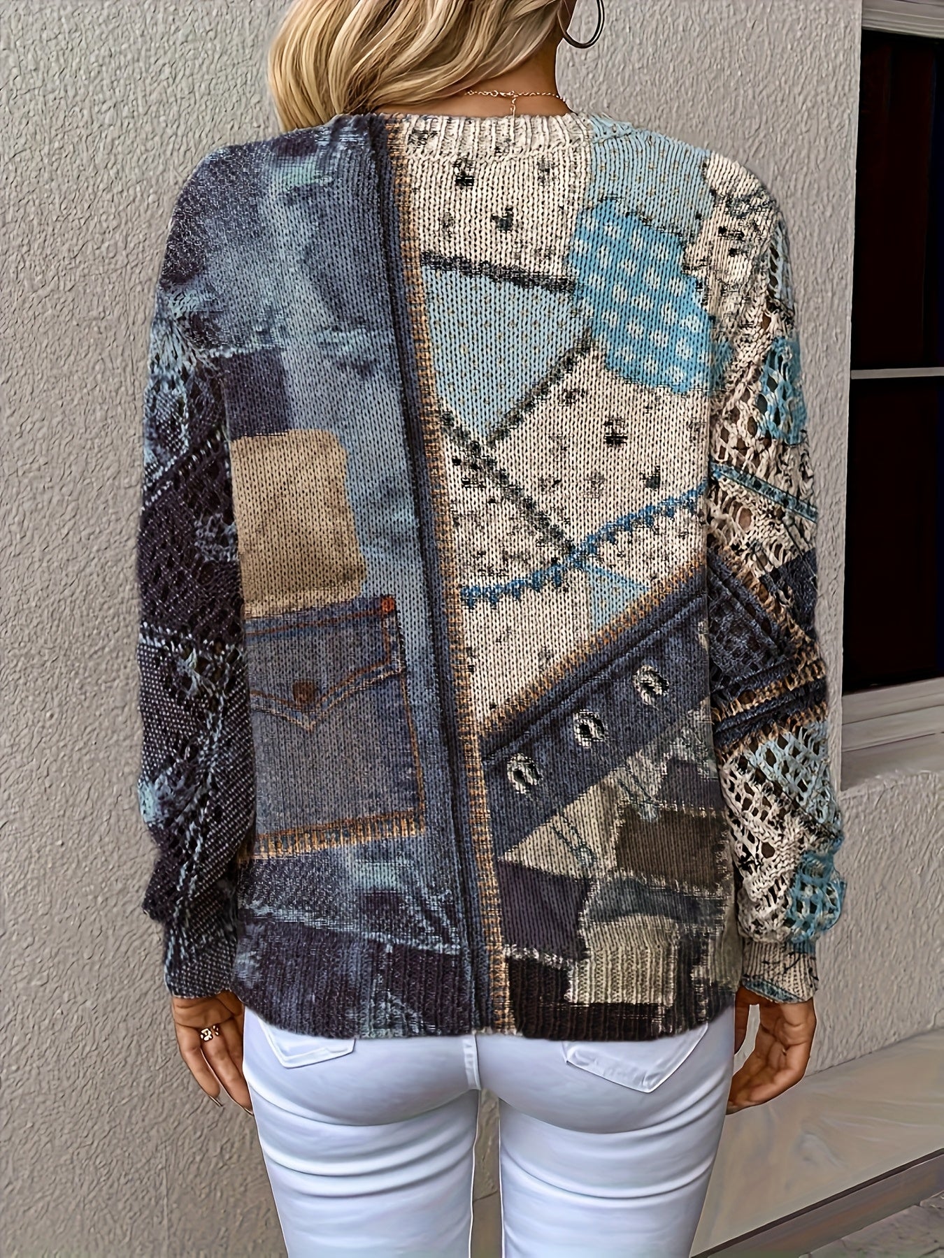 Bohemian V-Neck Denim Print Sweater