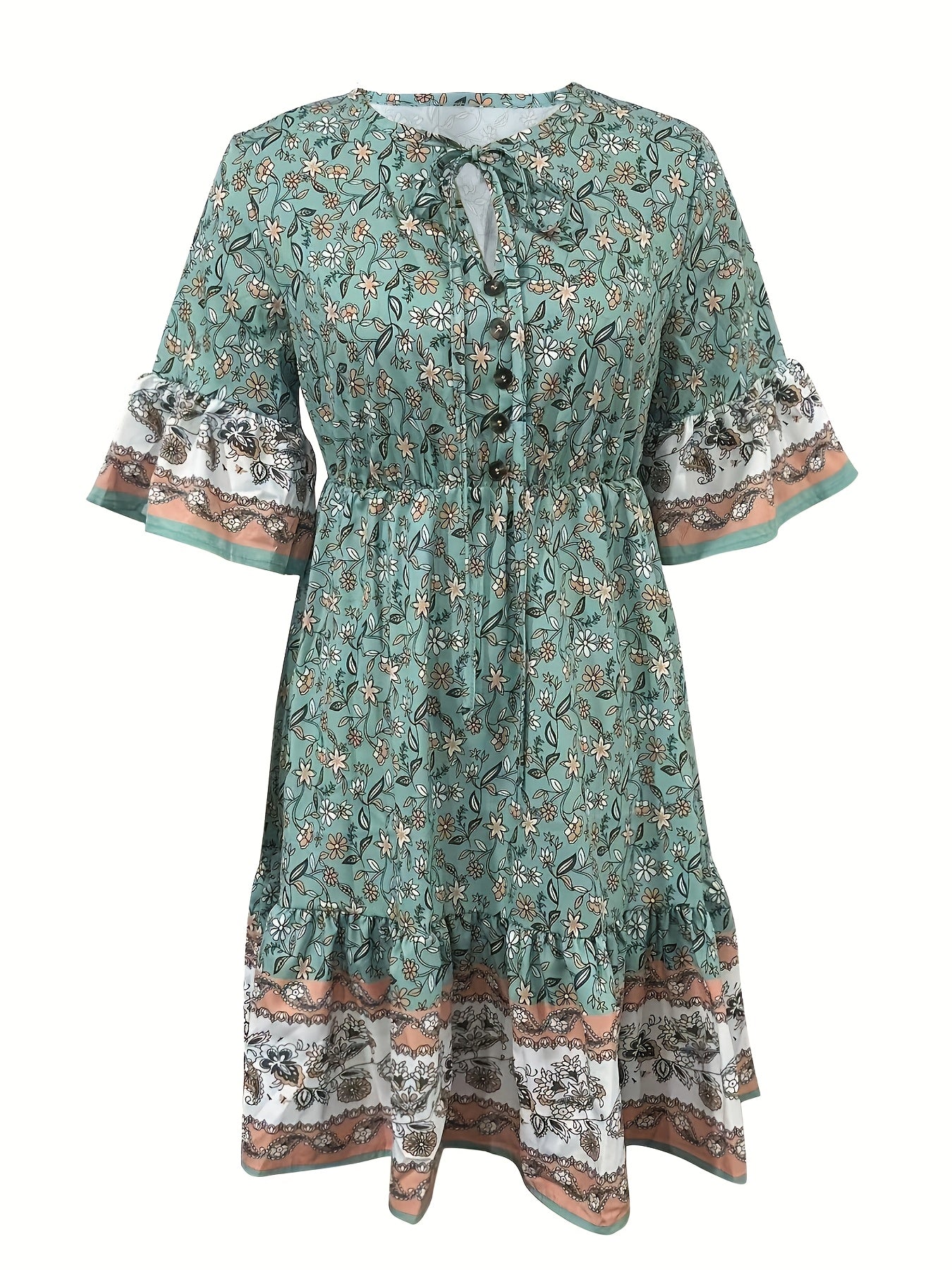 Elegant Floral Print Waist Flared Sleeve Dress