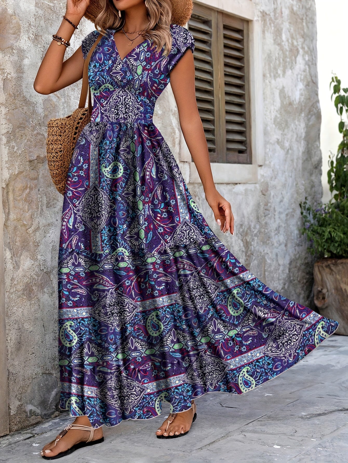 Printed Sleeveless Summer V-Neck Dress