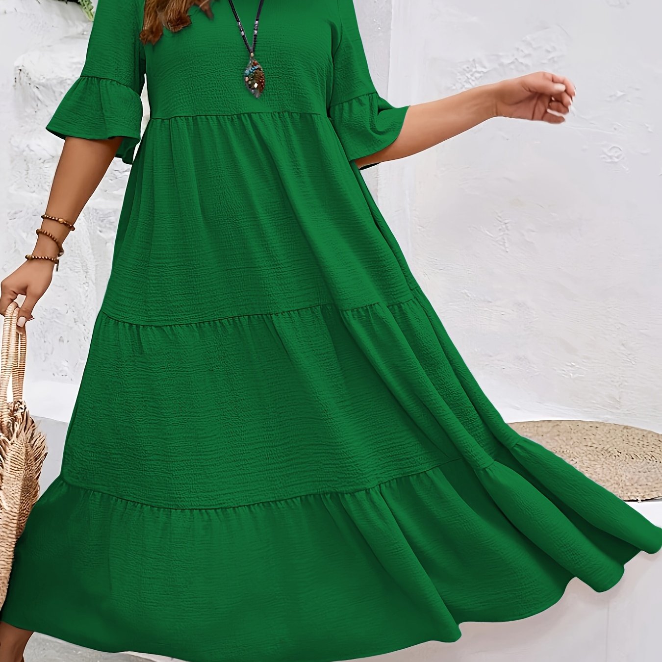 Solid V-Neck Flared Midi Dress