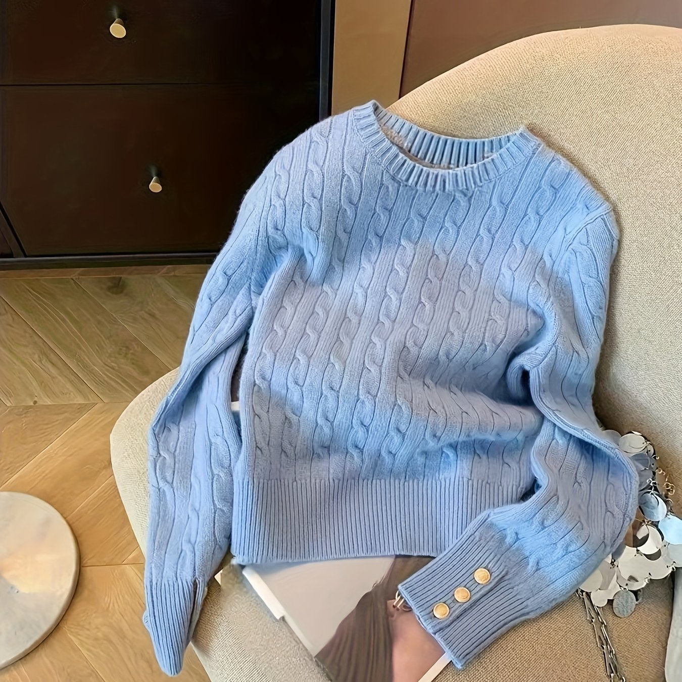 Twist Knit Sweater with Button Cuff Detail