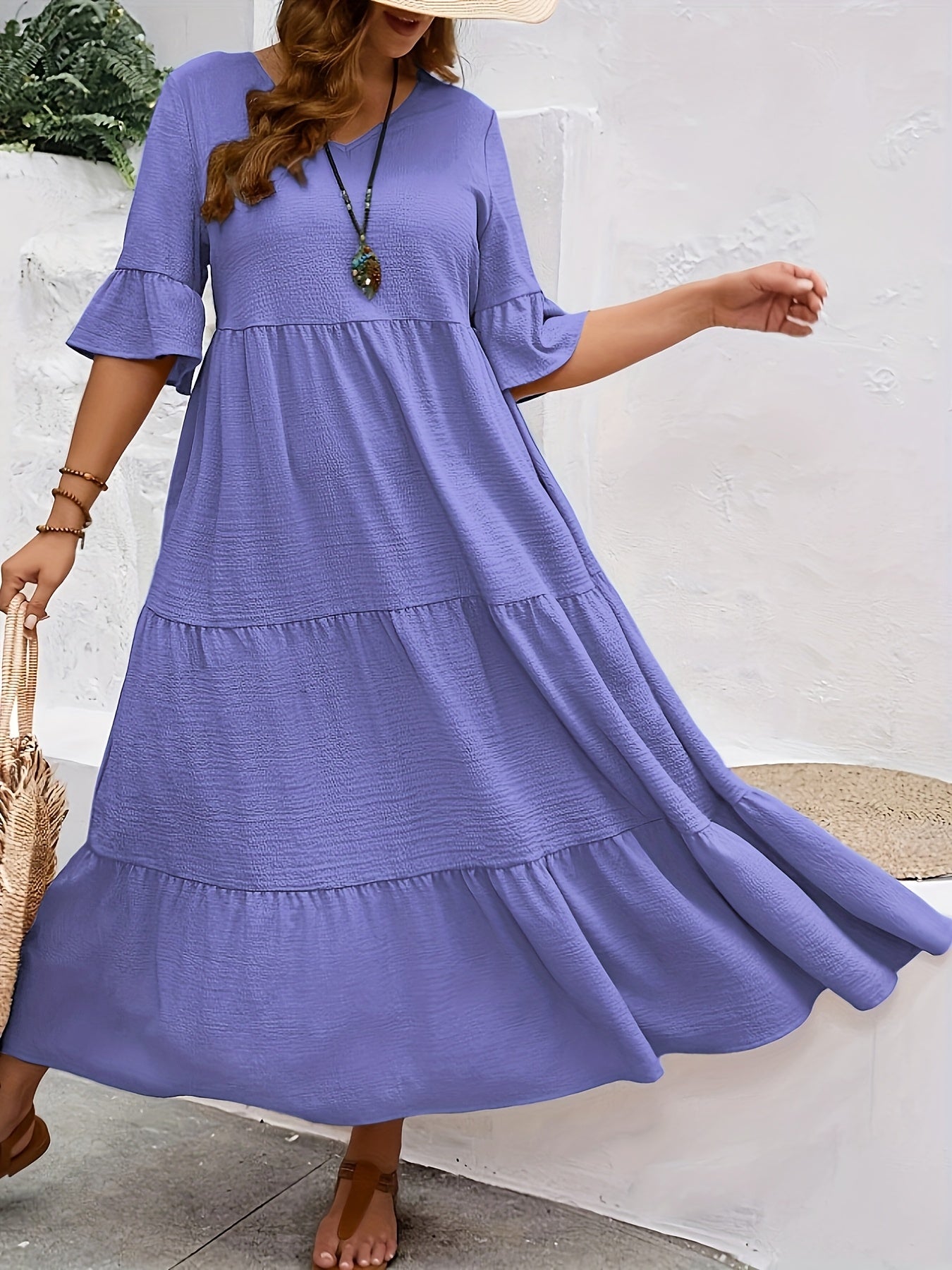 Solid V-Neck Flared Midi Dress