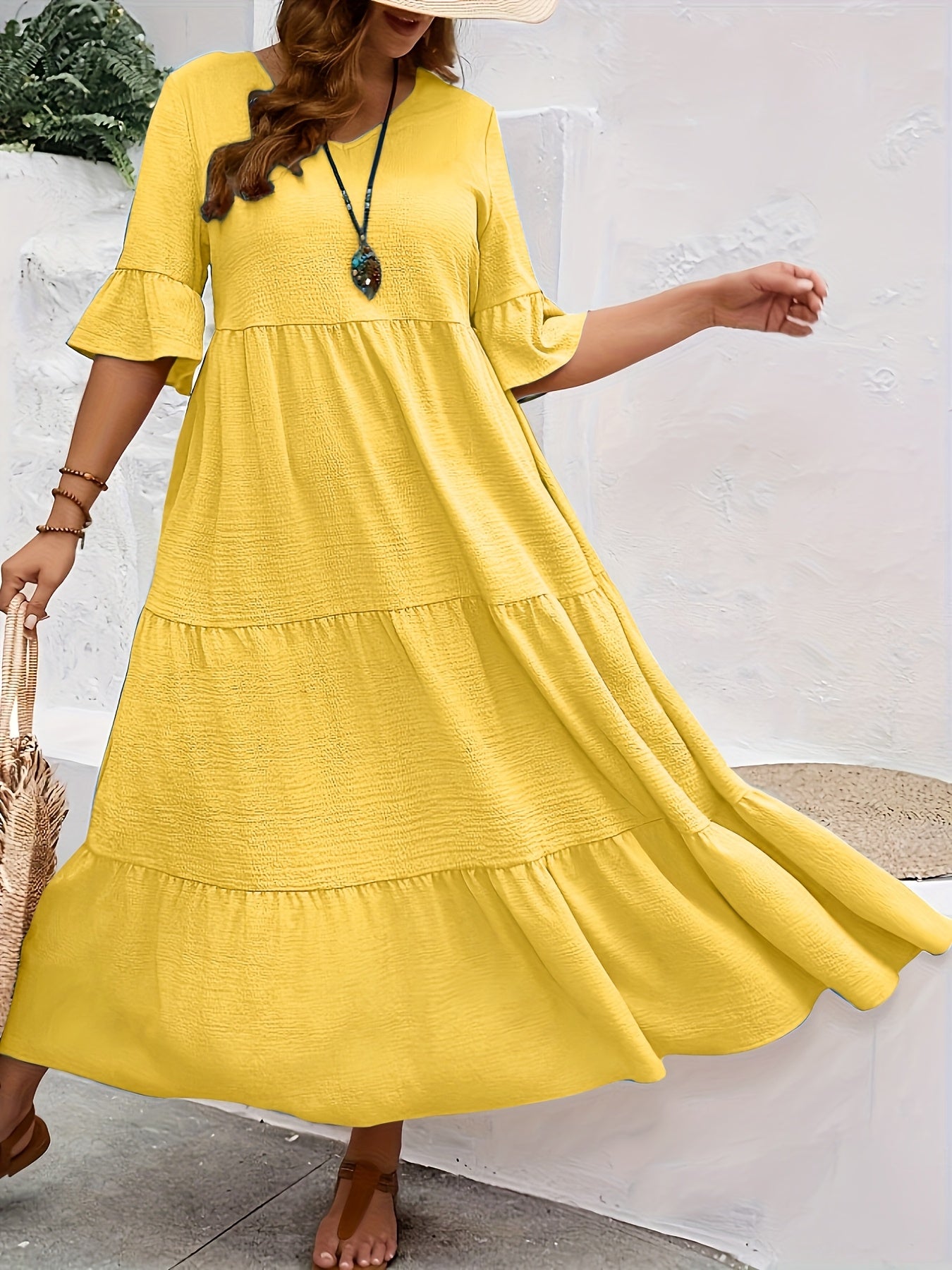 Solid V-Neck Flared Midi Dress