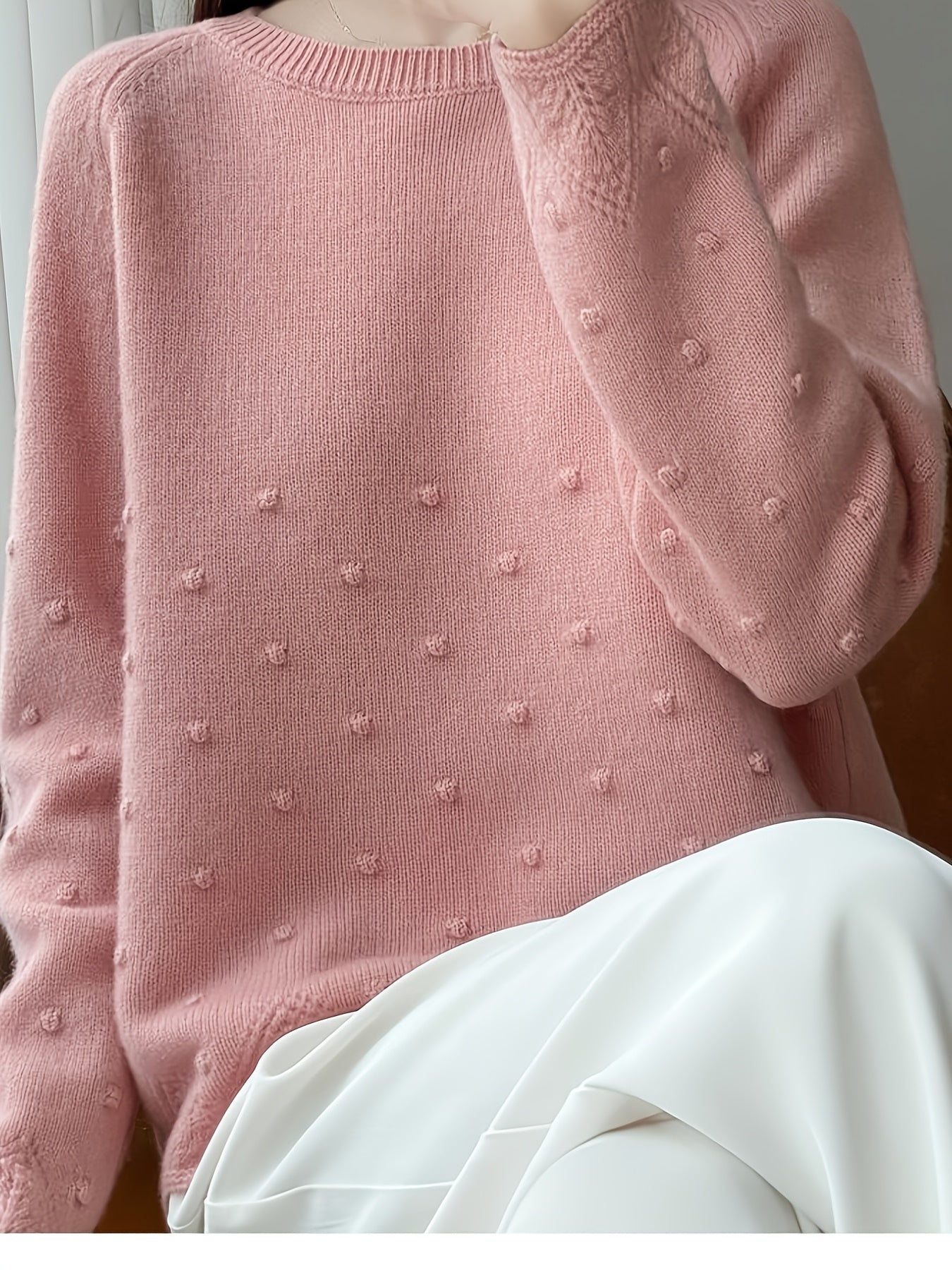Women' Spring/Autumn Polka Dot Sweater - Loose-Fit Thin Layering Top Suitable for Women, Round Neck Blouses for Blouses, Machine-Washable Spring/Fall Wear