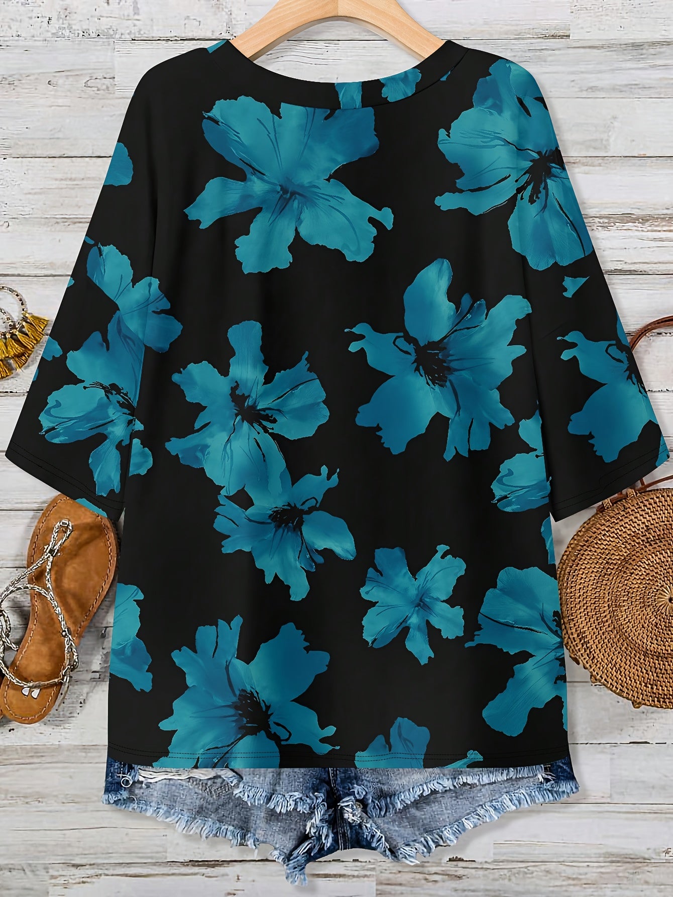 Blue Floral V-Neck Pocket Top