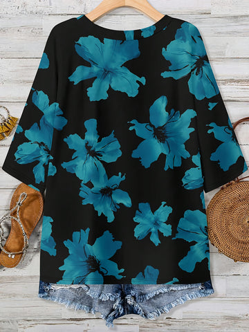 Blue Floral V-Neck Pocket Top