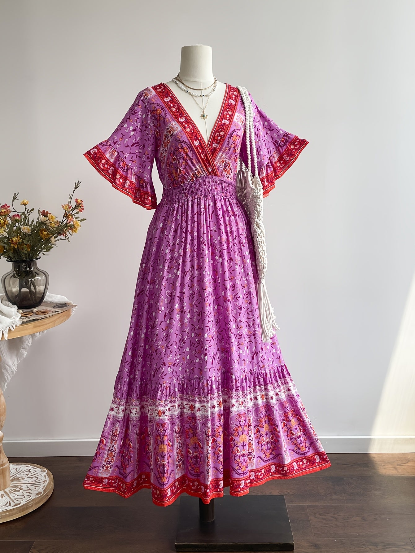 Rustic Floral V-Neck Maxi Dress