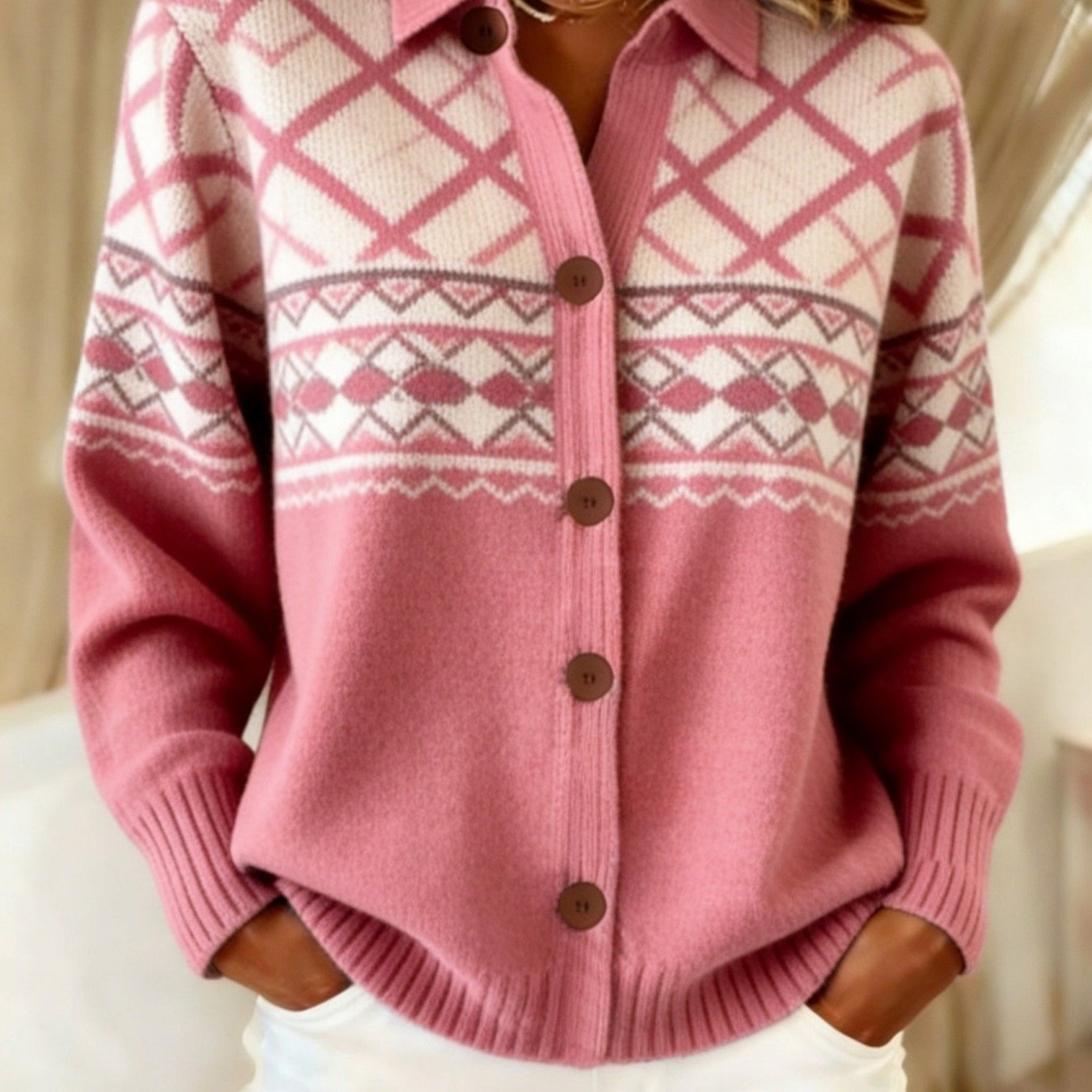 Diamond Stripe Lapel Knit Cardigan