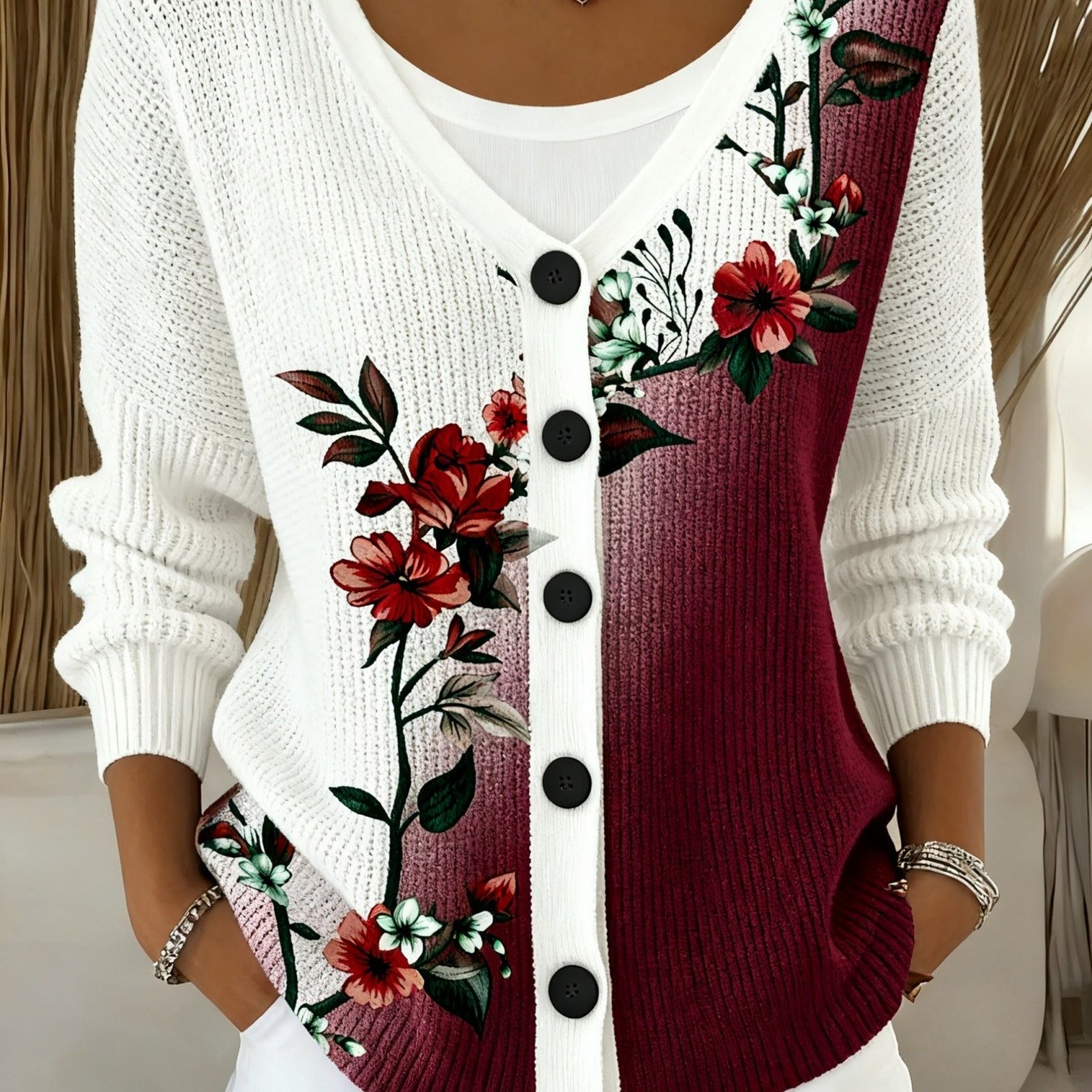 Romantic Rose Print Burgundy Cardigan