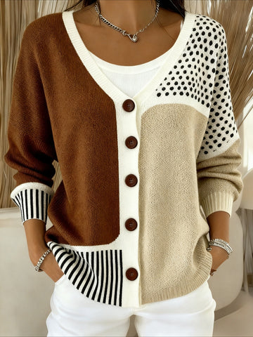 Contrast Print V-Neck Button Cardigan