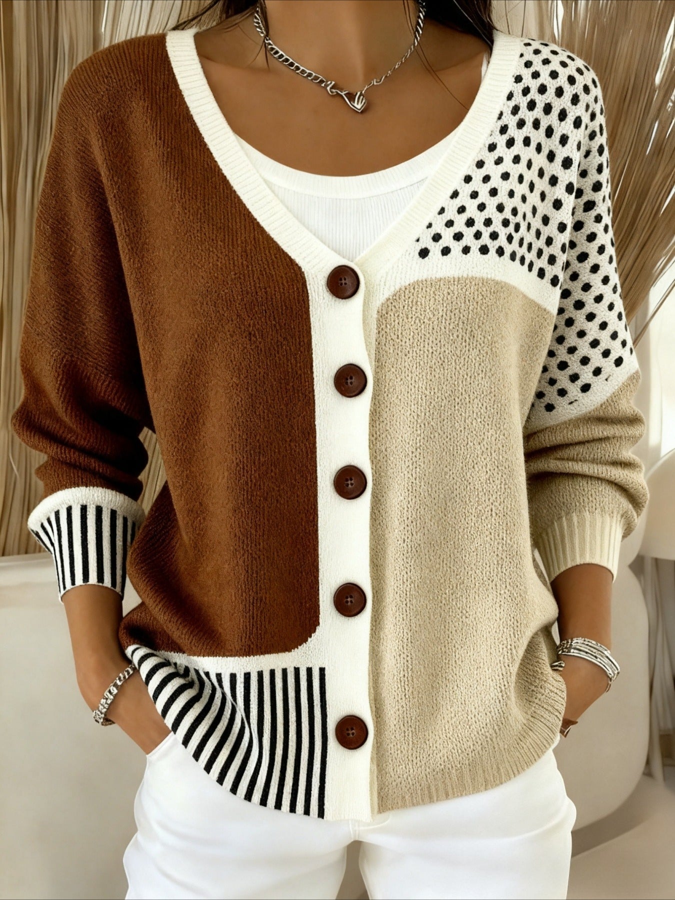 Contrast Print V-Neck Button Cardigan