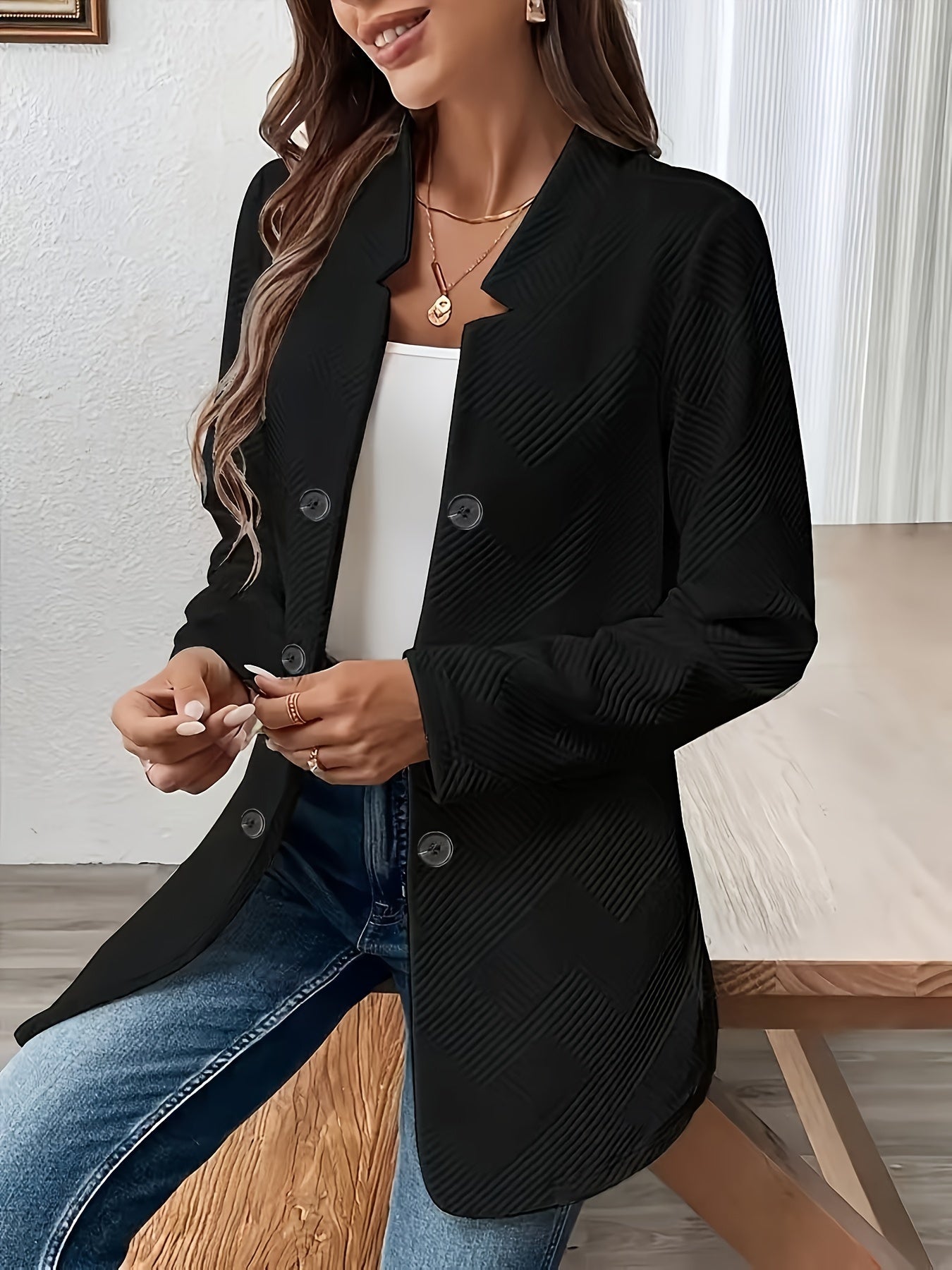 Textured Mid-Length Button Coat