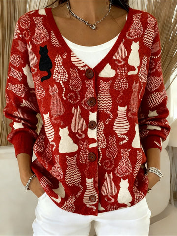 Cat Print V-Neck Casual Cardigan
