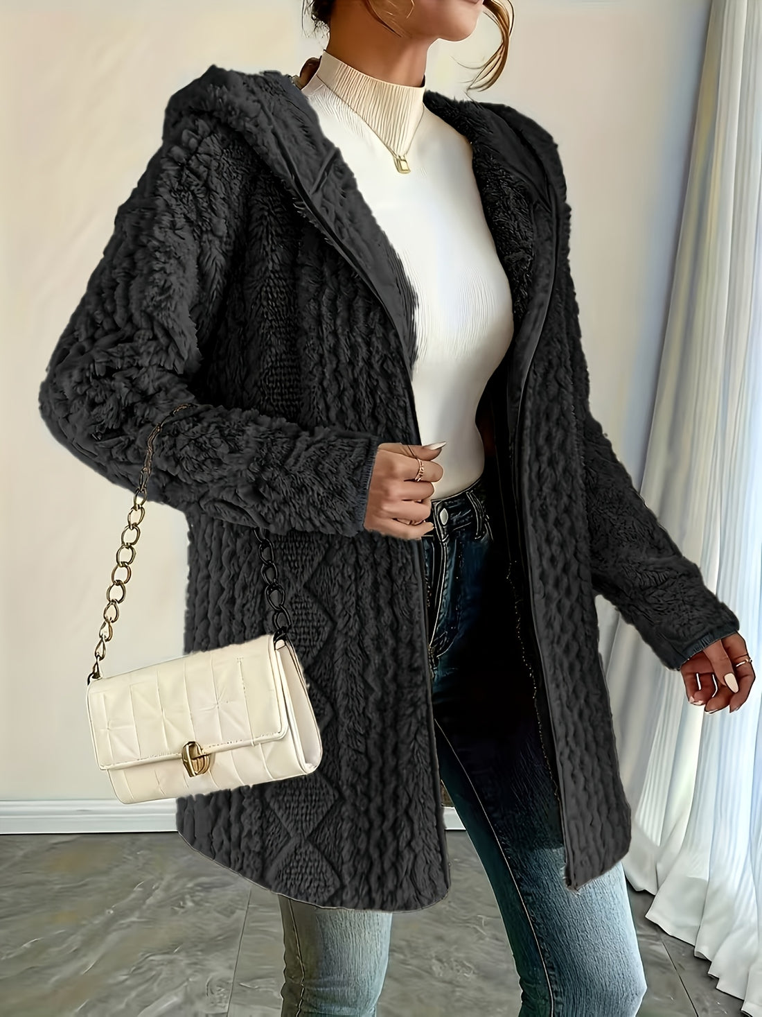 Hooded Plush Midi Coat