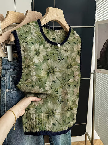 Gradient Floral Crew Neck Vest