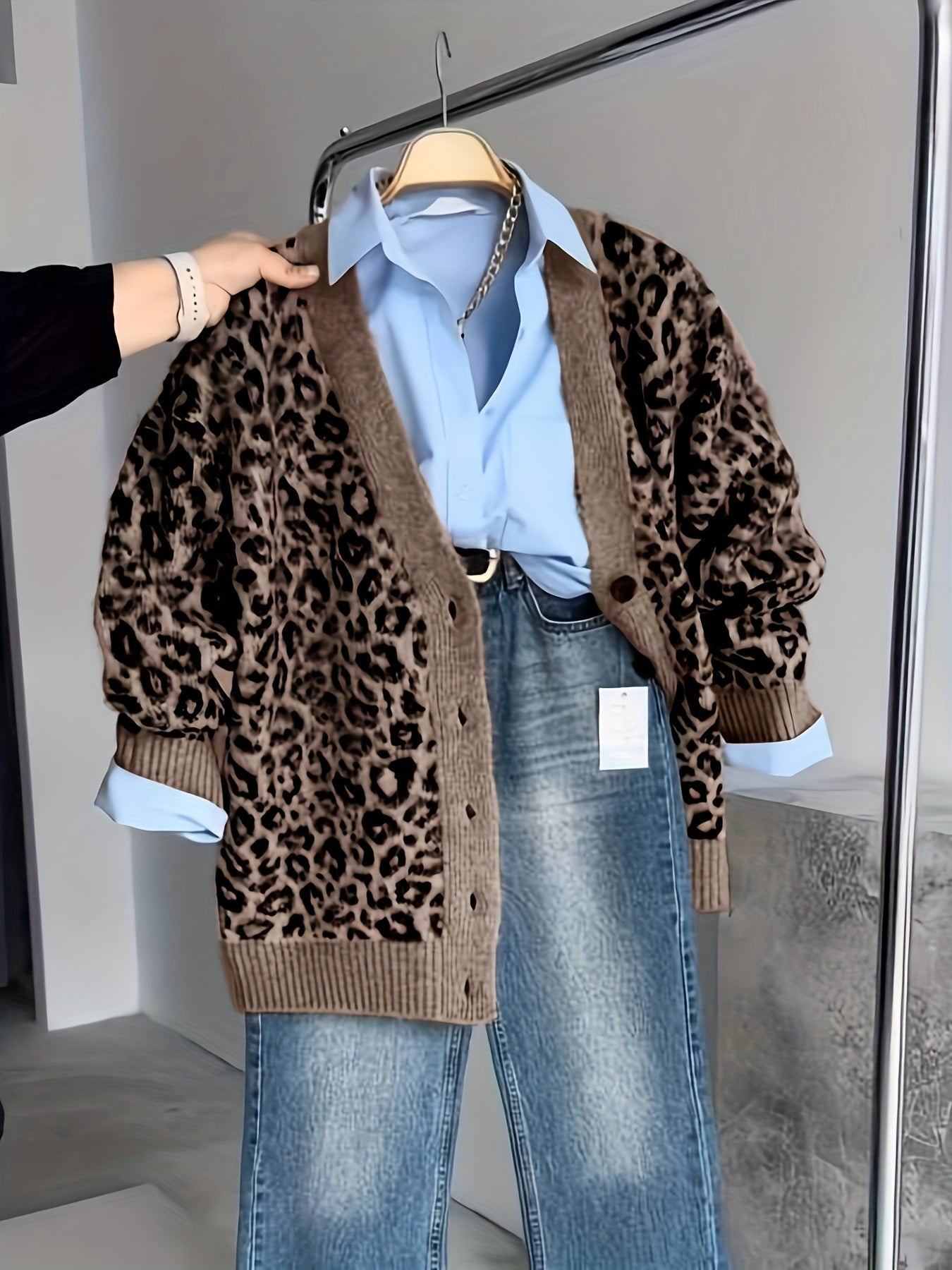 Vintage Leopard Jacquard Open-Front Cardigan Coat