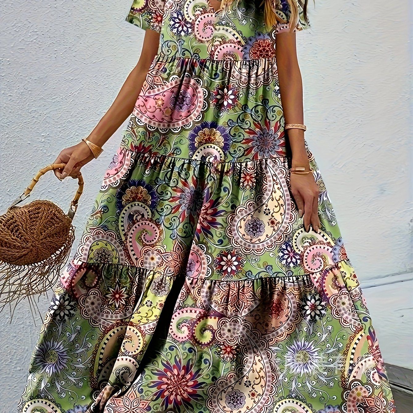 Printed Peplum V-Neck Dress