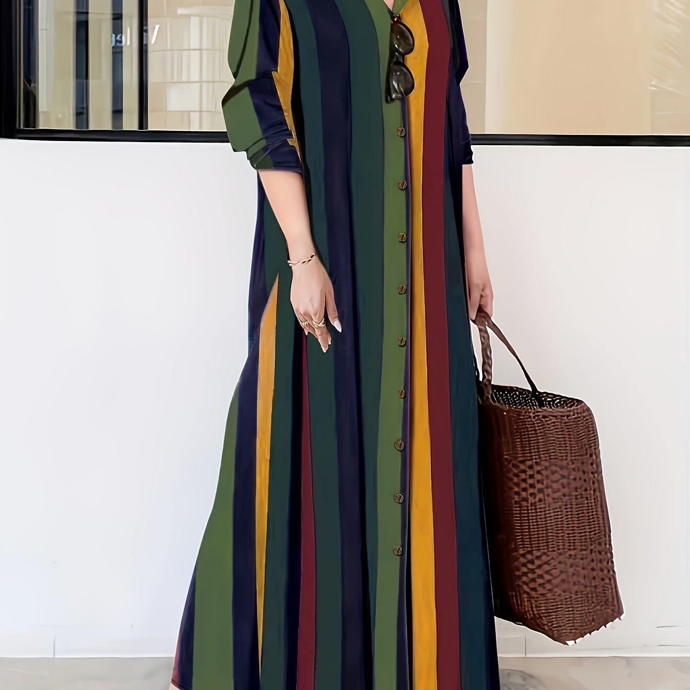 Casual Striped Button-Up Maxi Dress