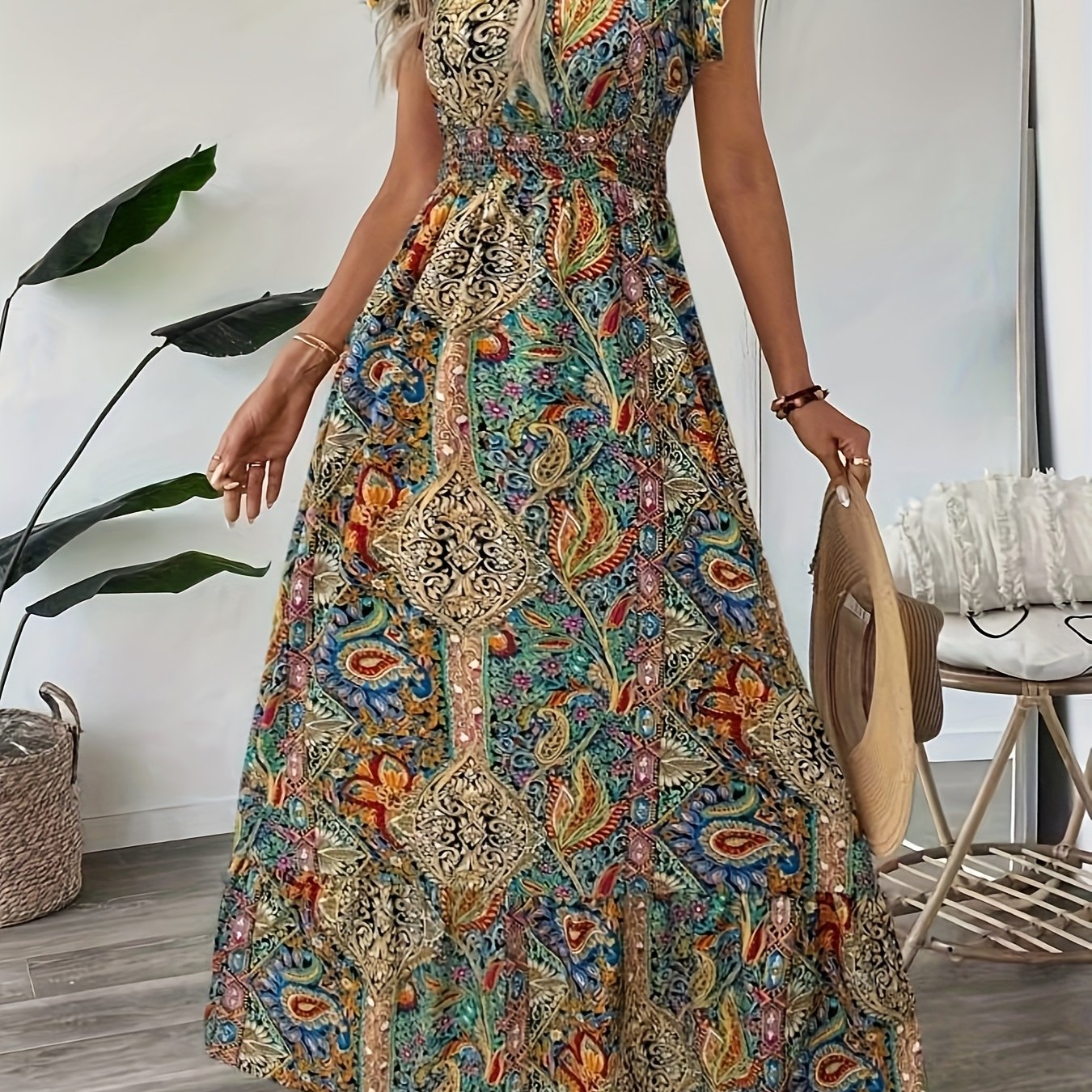 Printed V-Neck Mid-Length Dress