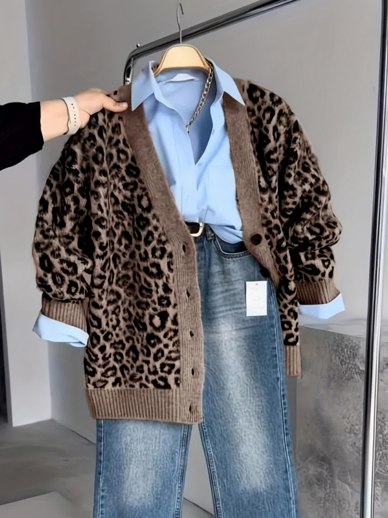 Vintage Leopard Jacquard Open-Front Cardigan Coat