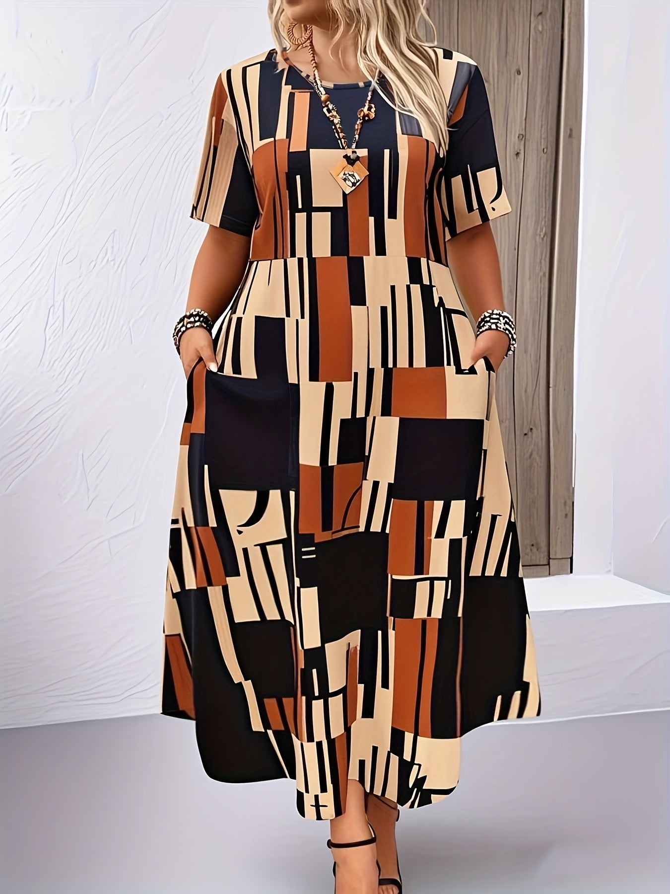 Plaid Pocket Flared Midi Dress