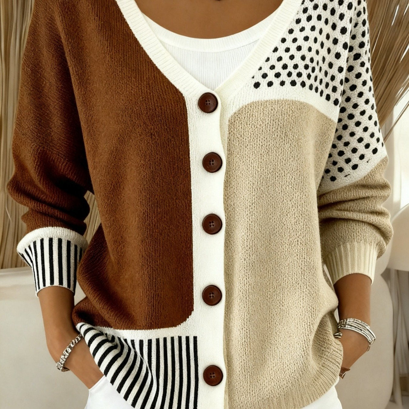 Contrast Print V-Neck Button Cardigan