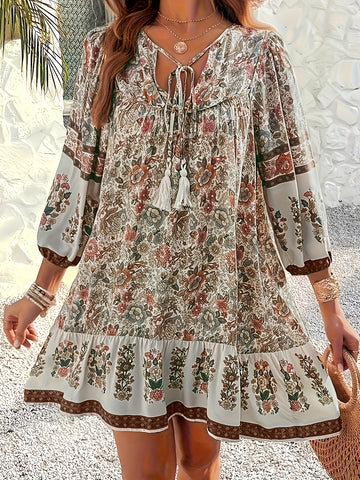 Emu Lin Elegant Printed Tie-Waist Dress for Women