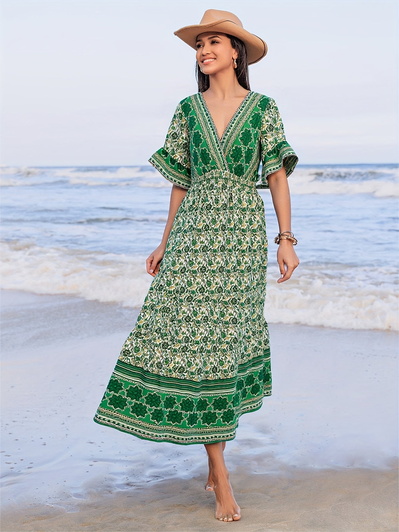 Rustic Floral V-Neck Maxi Dress