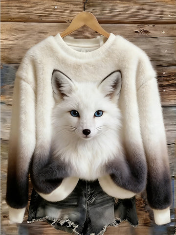 Cute Fox Print Crew Neck Sweatshirt