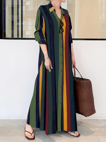 Casual Striped Button-Up Maxi Dress