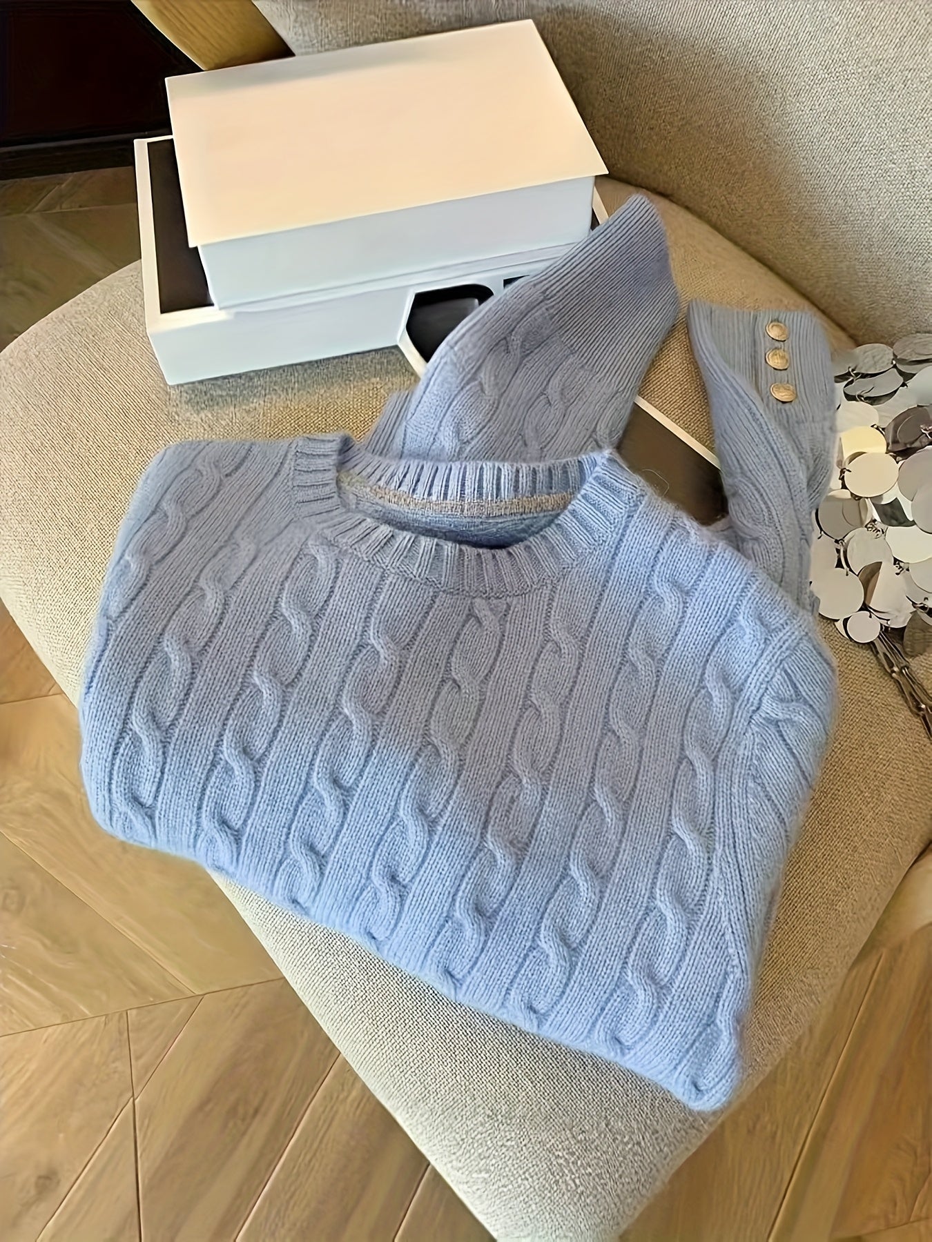 Twist Knit Sweater with Button Cuff Detail