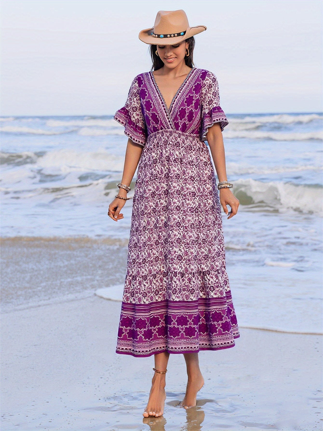 Rustic Floral V-Neck Maxi Dress