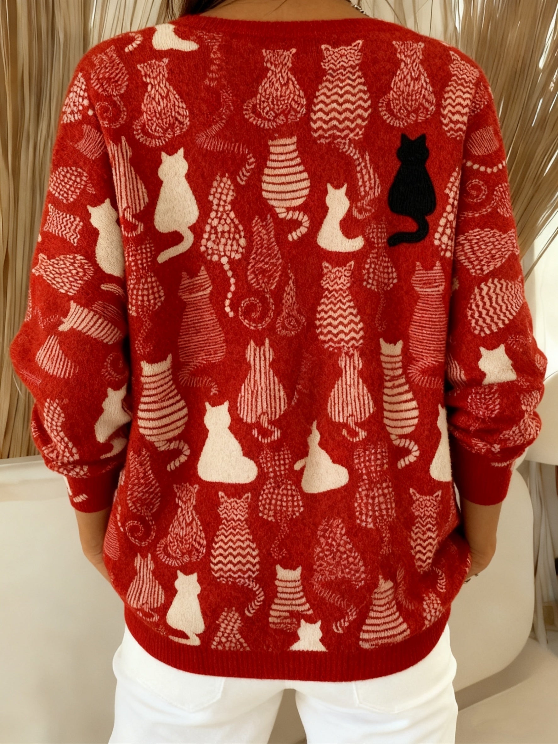 Cat Print V-Neck Casual Cardigan