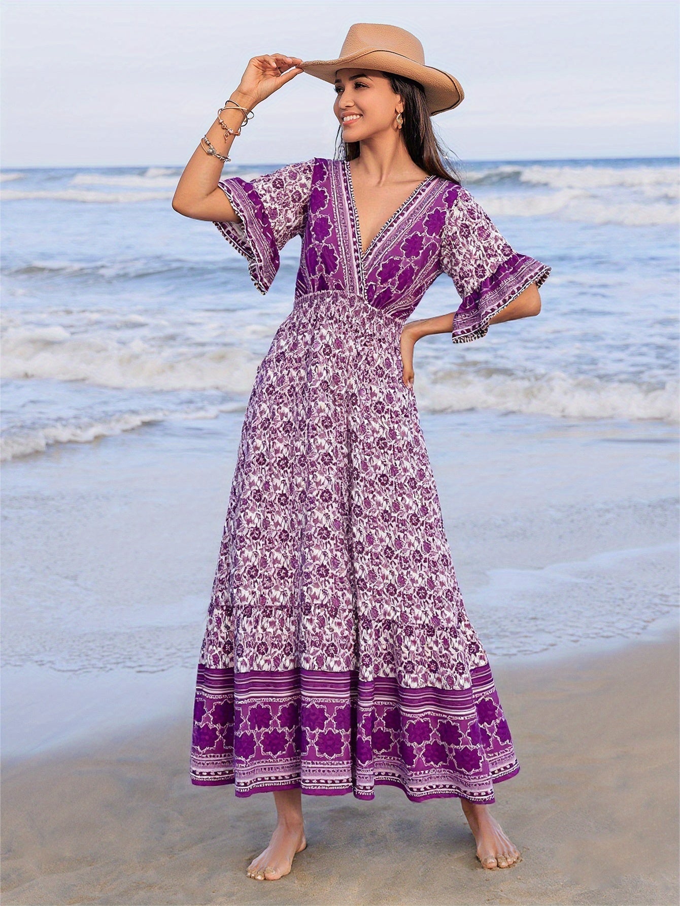 Rustic Floral V-Neck Maxi Dress