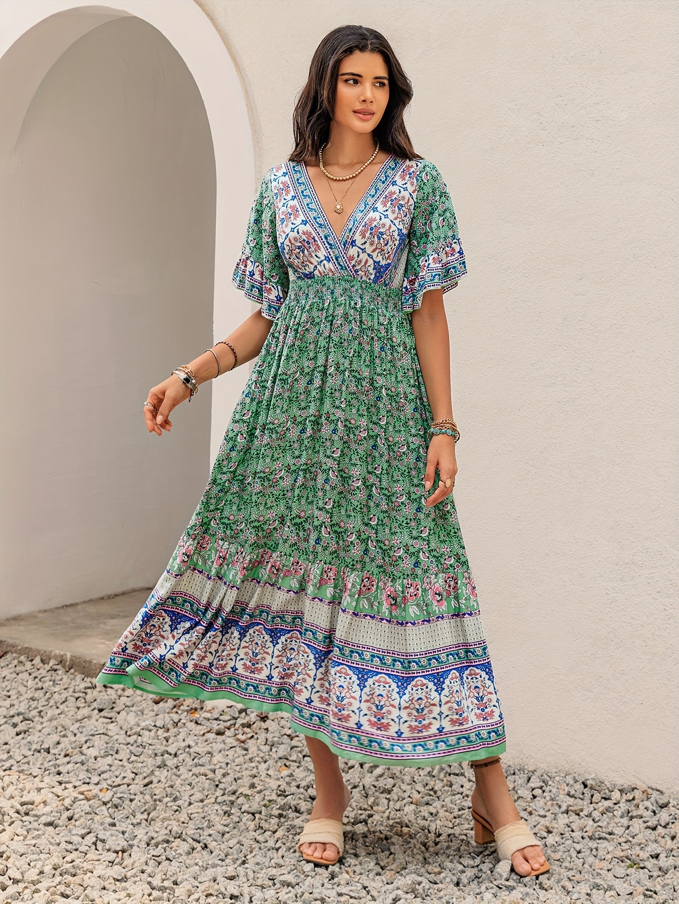 Rustic Floral V-Neck Maxi Dress
