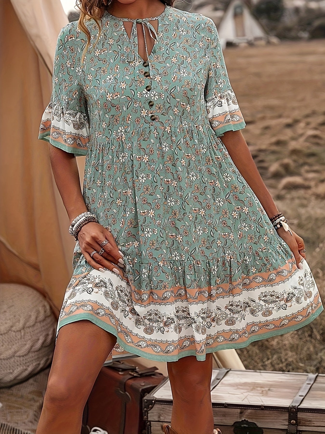 Elegant Floral Print Waist Flared Sleeve Dress