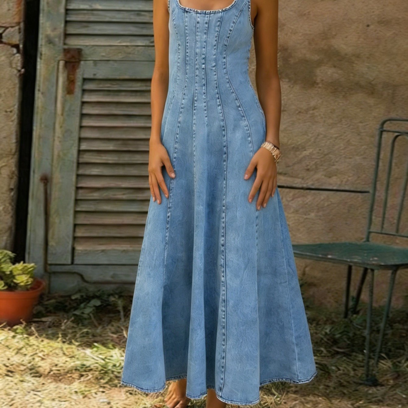 Washed Denim Long Dress