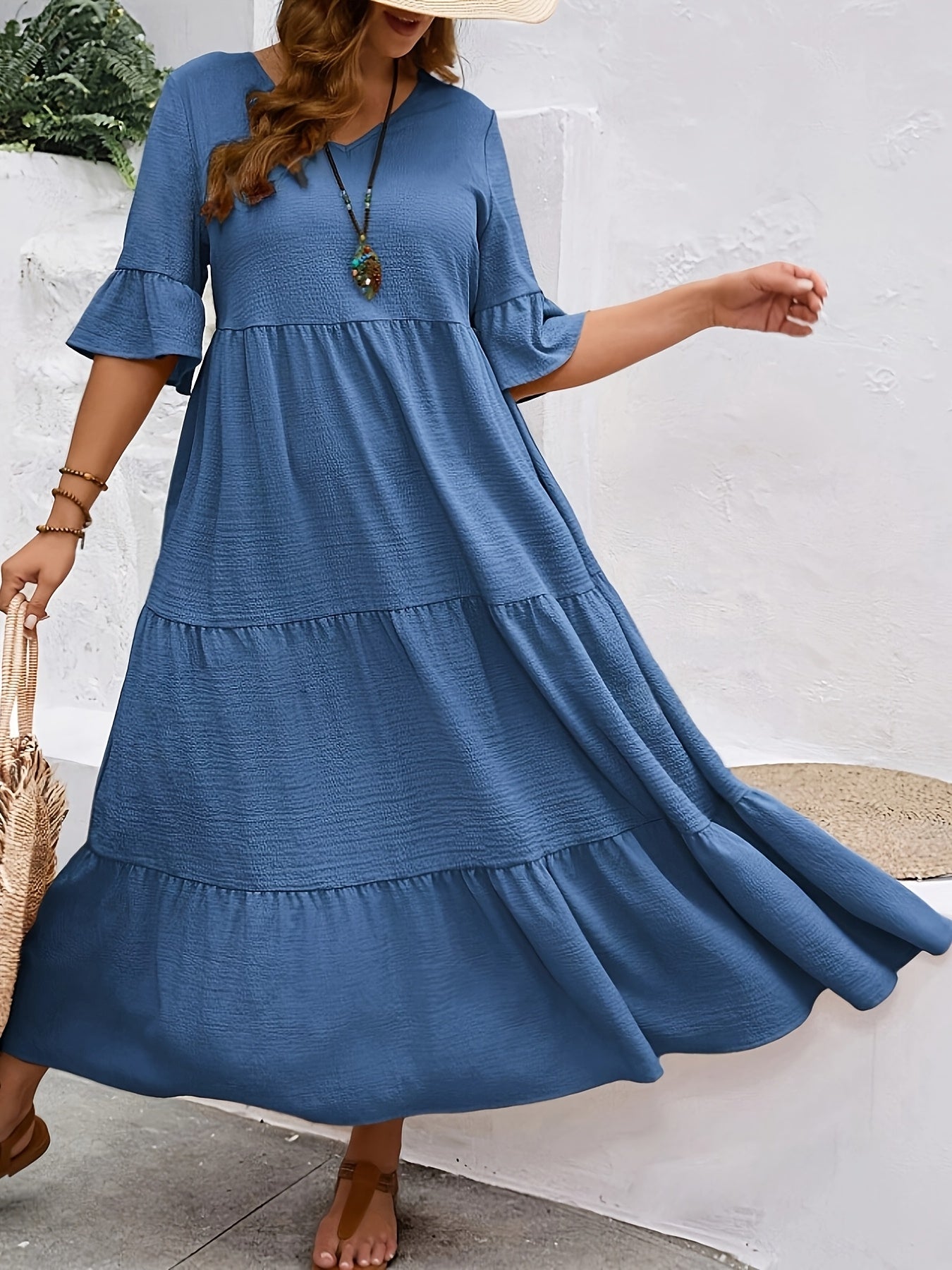 Solid V-Neck Flared Midi Dress