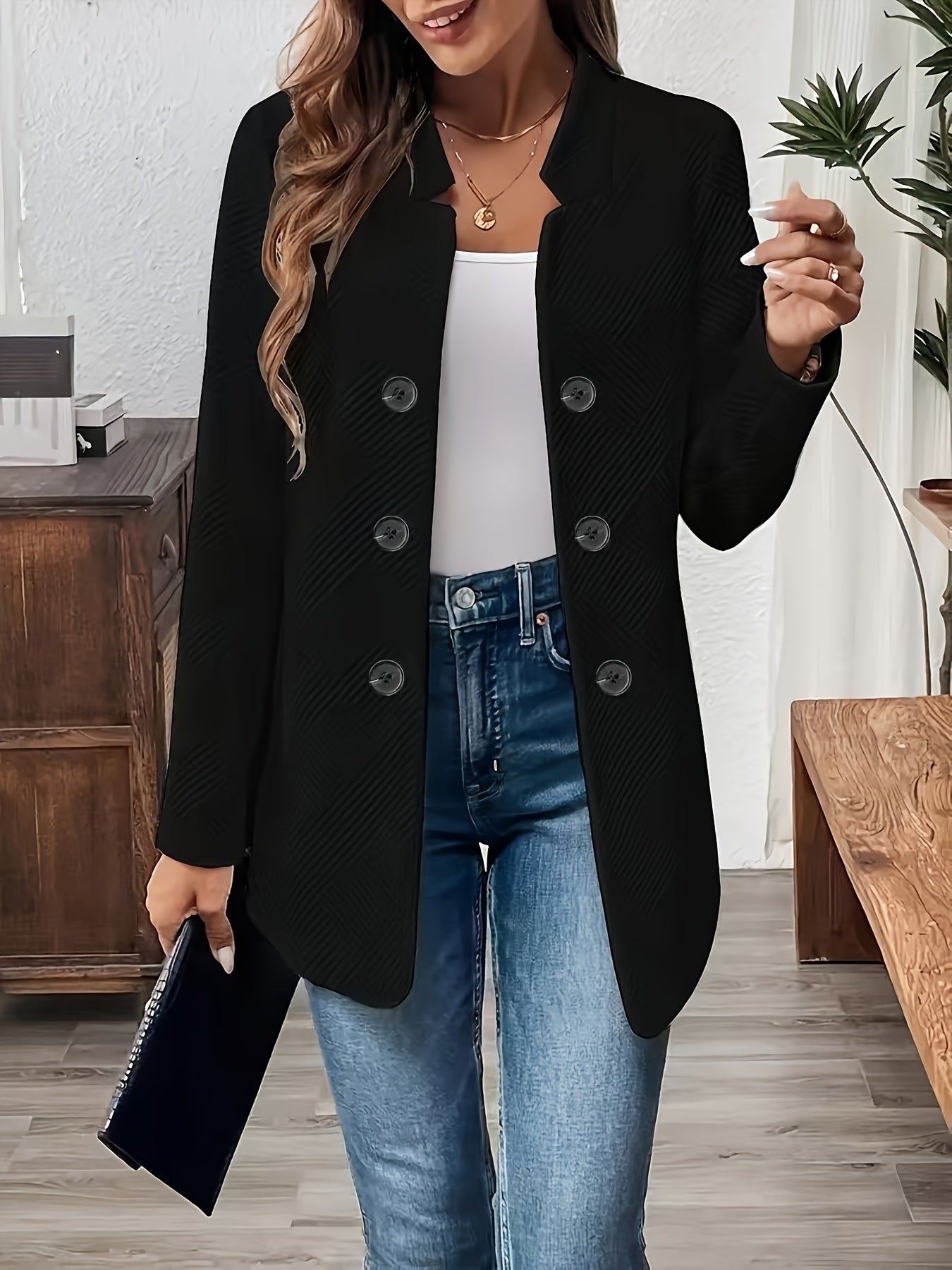 Textured Mid-Length Button Coat
