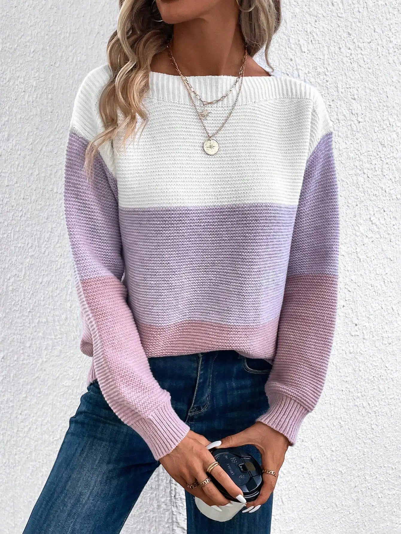 Three-Color Patchwork Knit Sweater