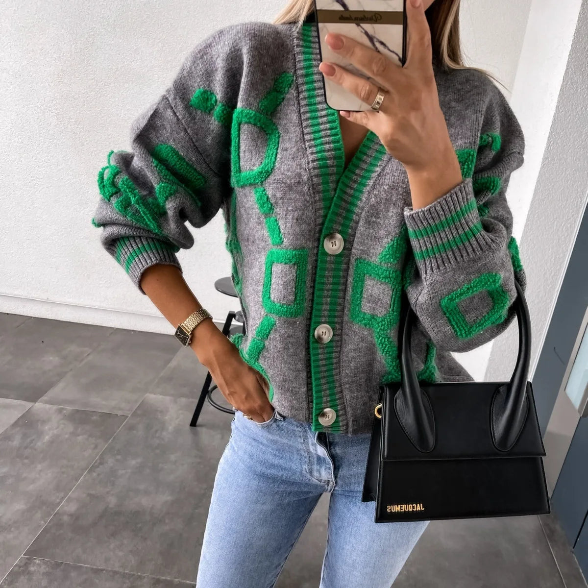 Street Chic Jacquard Knit Button Cardigan Coat