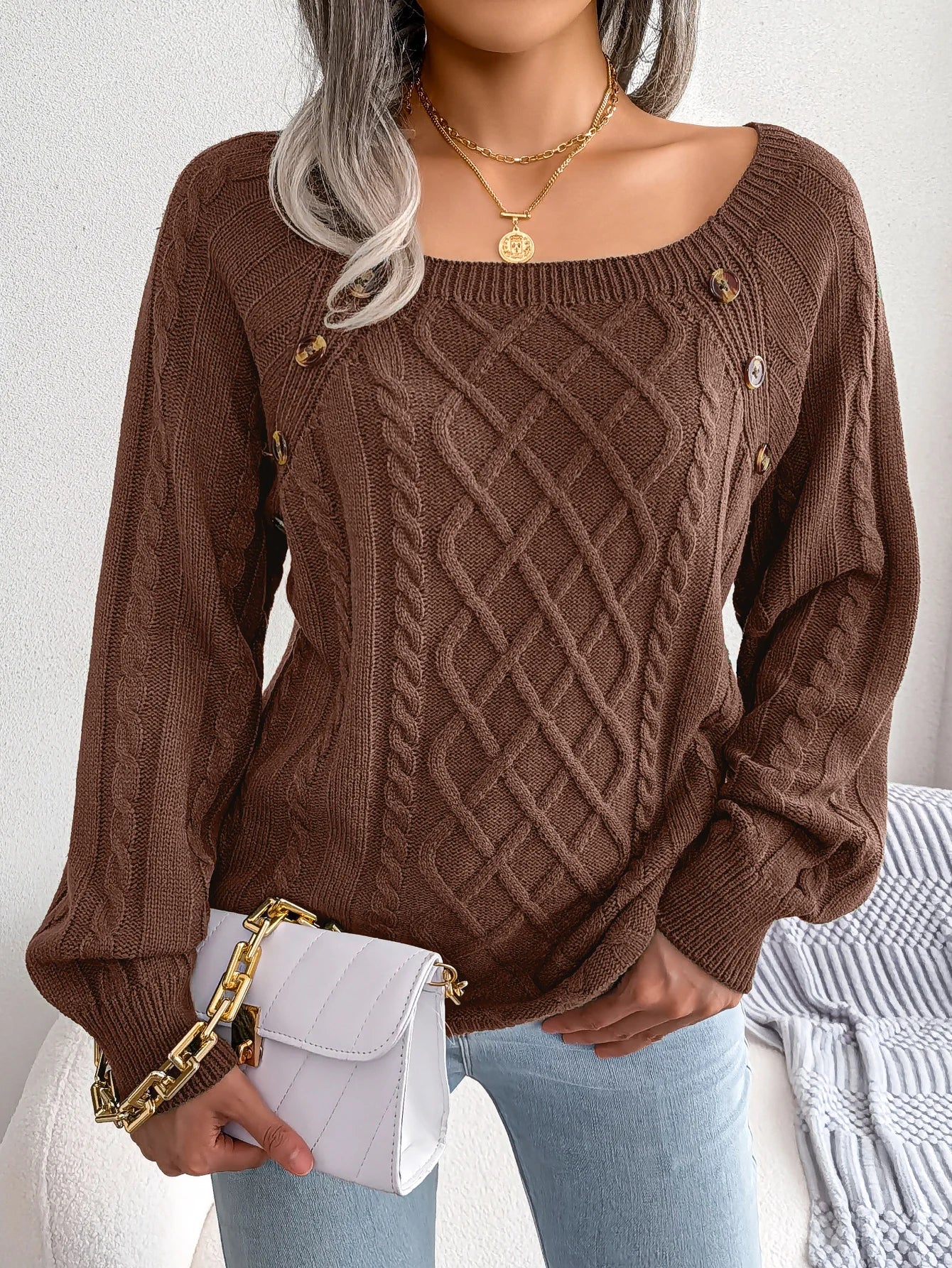 Square Collar Button Detail Knit Pullover